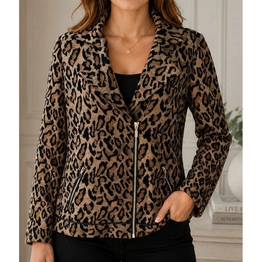 Chico's Women's Animal Print Rayon Tweed Zip Blazer Jacket - Leopard - 0P 4/6P